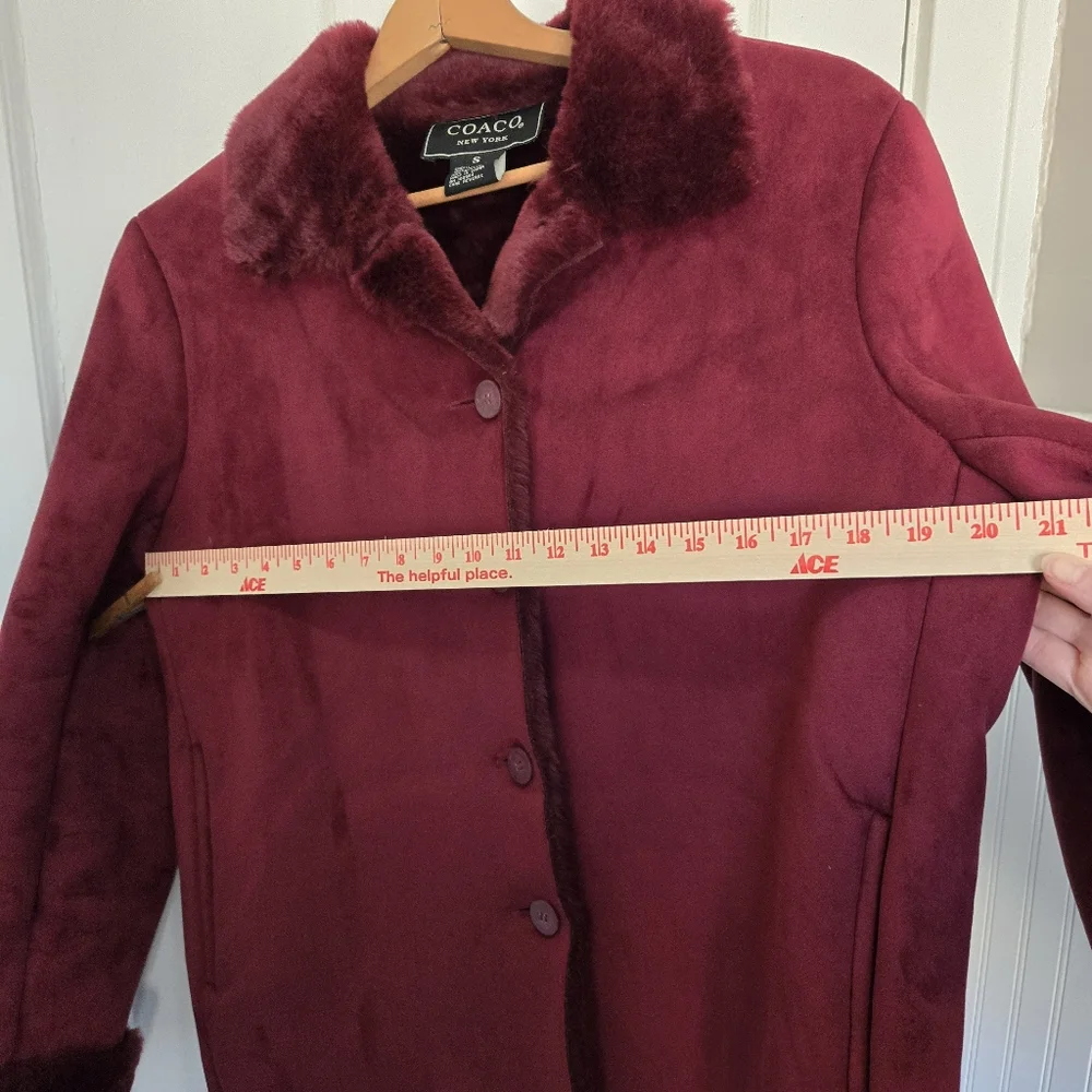 Coaco Women's Burgundy Penny Lane Coat Size S Faux Fur Trim Y2K Bratz Statement